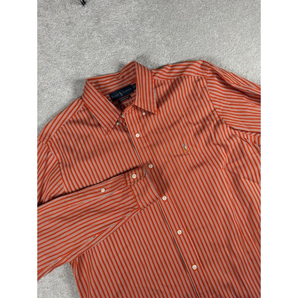 Vtg Ralph Lauren Orange Striped Button Down Shirt Men XL Classic Fit Flesh Pony